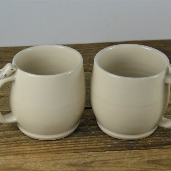 Set of 2 Hand Made Pottery Mugs, 10 oz, Off-White with Bird on Handle, Bird Mug, "M" Artist Stamp, 3 3/8"