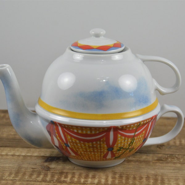 Williams-Sonoma MONTGOLFIERE 2 Cup Stacking Tea For 1 Teapot with Cup, Hot Air Balloon Design, Fine Porcelain Made in Japan