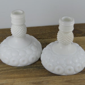 Pair of Moon and Stars Variant by Kemple White Milk Glass Candlesticks, 5.25&quot; high, Diamond Point Ball, Pressed Glass