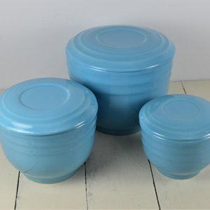 3 Pc Canister Set, Nesting Stacking Flat Lids, 4 5/8&quot;  3 5/8&quot;  3&quot;, Lovely Blue, Oxford Ware? Covered Bowls, Stoneware