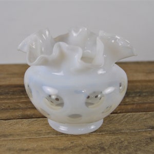Fenton Opalescent White Coin Dot 3.75&quot; Double Crimped Vase, Clear Circles, Ruffled Rim