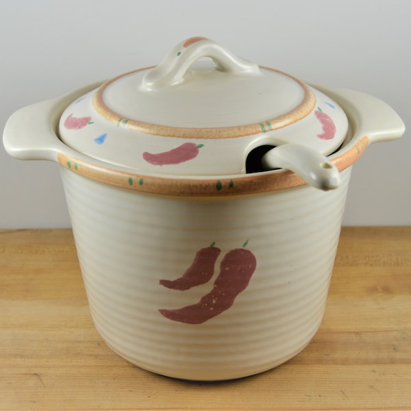 Treasure Craft TAOS Tall Soup Tureen with Lid and Ladle, 3 Quarts, Southwestern Design, Cream Off-White Peach Green Purple Hot Peppers, USA