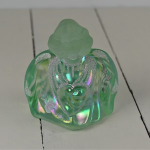 Fenton Art Glass Green Iridescent Angel, 3.25&quot;, Hand Painted Flowers, Shiny Body Satin Head, Artist Signed, Angel Wings, Stamped and Sticker