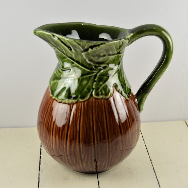 Olfaire Fig Pitcher 8.25", Figural Shape, Brown Base with Green Leafed Top, Majolica, Made in Portugal