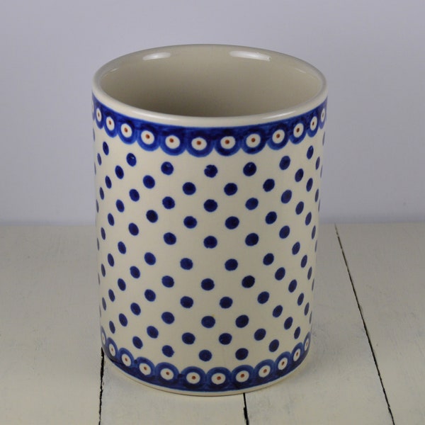 Boleslawiec Polish Pottery 7" Utensil Holder Jar, Utensil Crock, Hand Made in Poland, Natural with Blue Circles Brown Dots