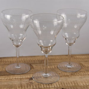 Set of 3 Fostoria IRISH LACE 8 oz Water Goblets, 6.75&quot;, Wine Glass, Etched Lace X Band on Optic Glass, Stem 879