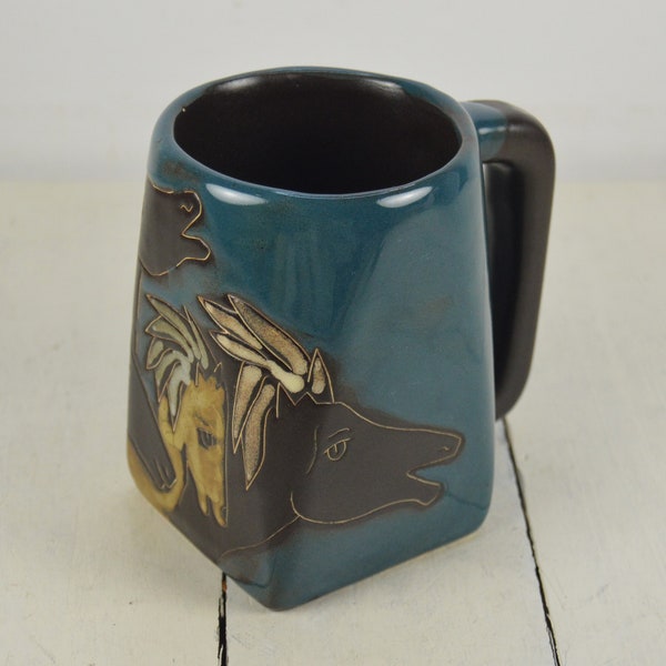 Design by Mara HORSES Square Base 12 oz Mug, 4.5", Mexico, Hand Painted, 4 Running Horses, Teal Beige Brown - Brown Inside, Incised Outline