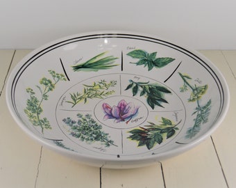 Williams-Sonoma Herbs 13" Round Pasta Serving Bowl, Made in Portugal, Black Bands, Vibrant Graphics, Bay Cayenne Thyme Saffron