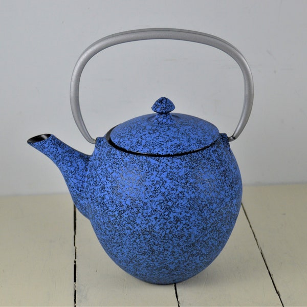 Japan Cast Iron Teapot with Stainless Steel Infuser, Tea Kettle, 3-4 Cups 24 oz, Metal Handle, Blue Sponge Detail, Enameled Interior