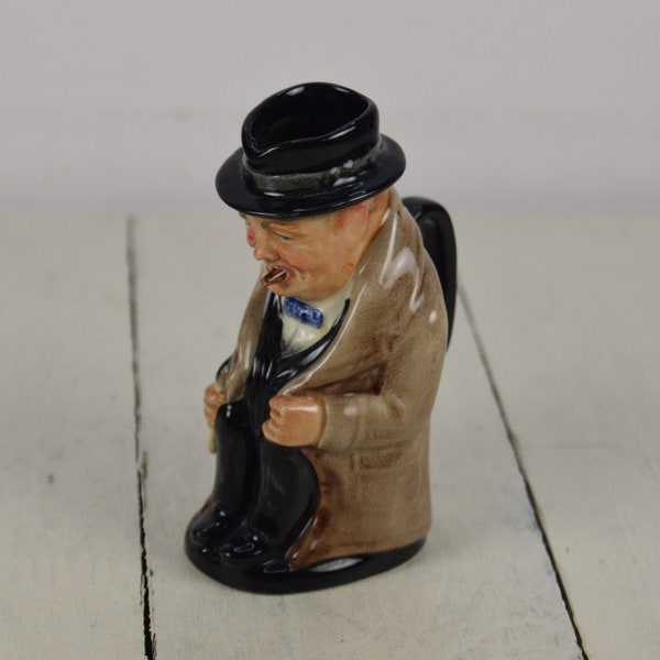 Royal Doulton WINSTON CHURCHILL 3.75" Mini Pitcher Individual Creamer, Toby Jug, Overcoat Hat Cigar Umbrella