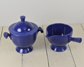 Fiesta COBALT (Older) Sugar Bowl with Lid and 8 oz Creamer Set, Stick Handle Creamer, Cobalt Blue, HLC Homer Laughlin, Chipped Lid