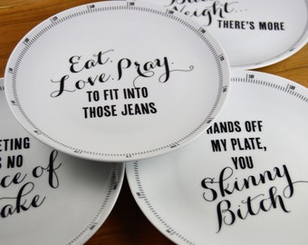 Set of 4 WEIGHT for DESSERT 7.5&quot; Salad Serving Hors d&#39;oeuvre Appetizer Plates, Fruit and Cheese, Scale Marked Edge, Dieting, Z Gallerie