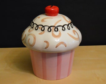 Cupcake with a Cherry on top! CONFECTIONS Cupcake Cookie Jar, American Atelier, Pink Striped Base