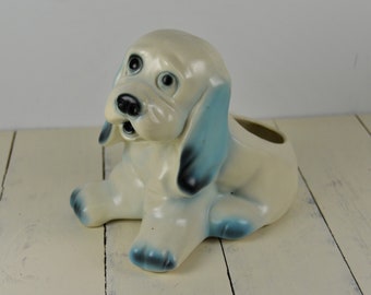 USA Pottery 224 Puppy Dog Planter, White with Blue Black, Satin Finish, Spaniel Hound Dog, 6", Super Clean