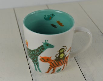 Taza Starbucks Coffee de 283 ml con animales del zoológico, tamaño pequeño para niños, blanca con interior aguamarina: pavo real, tortuga, elefante, jirafa, tigre y mono, 8,3 cm