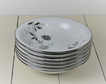 Set of 6 Noritake ROSAMOR 5.5" Dessert Fruit Sauce Bowls, White with Gray and Black Roses, Platinum Trim, 5851S Japan