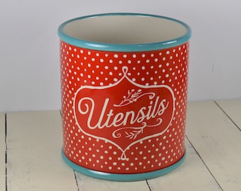 The Pioneer Woman POLKA DOT Utensil Crock, 6.75&quot;, Red Aqua White, Ceramic Stoneware, Utensil Spoon Holder