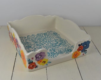 The Pioneer Woman FLEA MARKET FLORAL Ceramic Napkin Holder, 7.5&quot; Square, Multi-Color Flowers, Aqua Design Inside