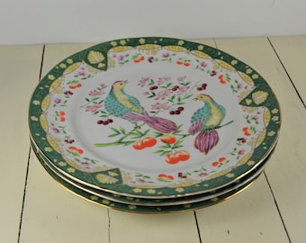 Set of 3 American Atelier PARADISE 10.75&quot; Dinner Plates, Teal Green Gold Edge Rim, Two Birds of Paradise, Fruit Flowers, Used