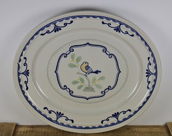 Franciscan LOVE BIRD 13" Oval Serving Platter, Franciscan Stoneware USA, Gray with Yellow Blue Bird Center Gray Dots Blue Scrolls