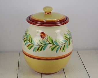 Gail Pittman SIENA 9" Cookie Jar Canister, Southern Living, Yellow Orange Rust Red Garland Flowers, Stripes Dots