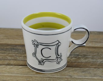 Molly Hatch 12 oz Initial Mug, Letter C, C Name, White with Black, Bright Green Stripe Inside, 3.5"