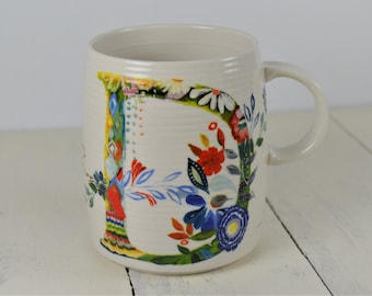 Anthropologie Starla M. Halfmann 12 oz Initial D Mug, White with Colorful Graphic Flowers Blue Initial D, Monogram