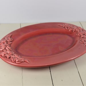 J. Paul Pichon Uzes 13.5&quot; Oval Serving Platter, Raised Relief Flowers, Red Maroon Wine Color, Made in France Fait Main (Hand Made)