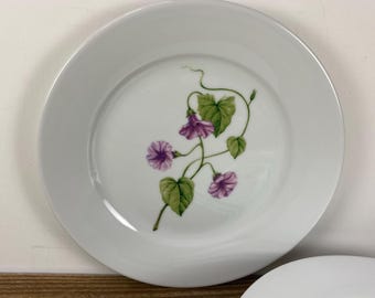 Set of 4 Martha Stewart SKYLANDS BOTANIC 8" Salad Plates, White with Pink Morning Glory Flowers, Fresh Spring Cottage, Botanical Print