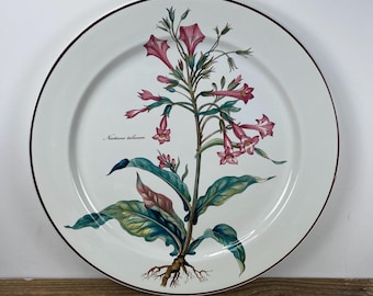 Villeroy & Boch BOTANICA 12 3/8" Round Platter Chop Plate, White with Brown Band, Colorful Tobacco Plant Graphic - Nicotiana Tabacum