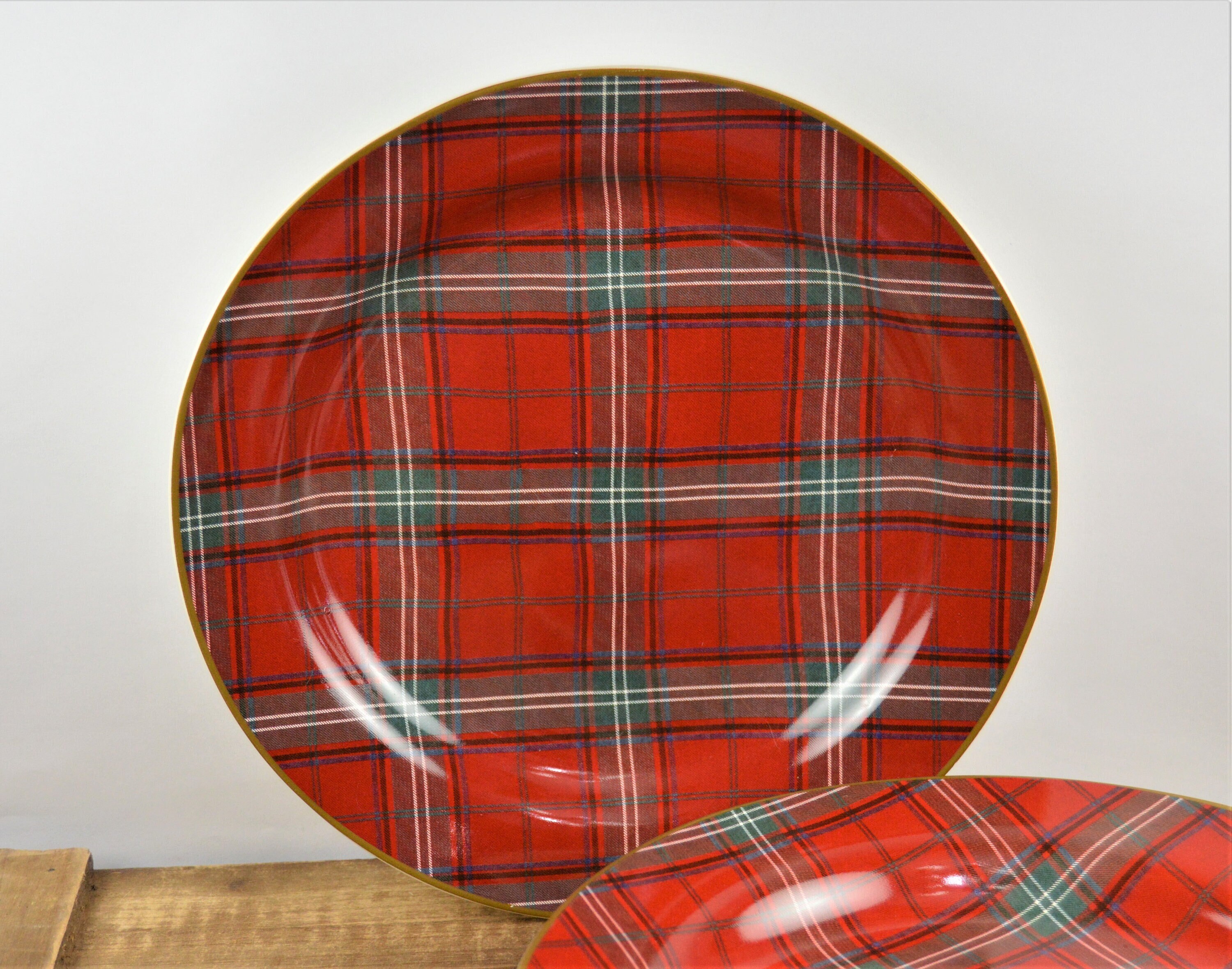 Set of 3 Williams sonoma TARTAN PLAID 8.75 Salad Plates Red With