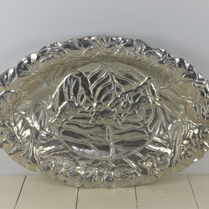 Arthur Court 13.75&quot; Oval RABBIT Bowl Dish, Cast Aluminum, Cabbage Background, Sleeping Bunnies Rim, 3 Running Rabbits Inside, 1990, Used
