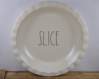 Rae Dunn SLICE 10.5" Pie Plate, Pie Pan, White Ceramic with Black Text Type, Ruffled Rim, Artisan Collection by Magenta