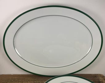 Williams-Sonoma BRASSERIE GREEN 16.25" Oval Serving Platter, + 8 7/8" Rim Soup Bowl, White with Green Bands, Made in Japan
