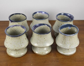 Set of 6 Hand Made Pottery 4 oz Goblets, Speckled Gray with Blue Purple Rim, Unsigned, 3.25"