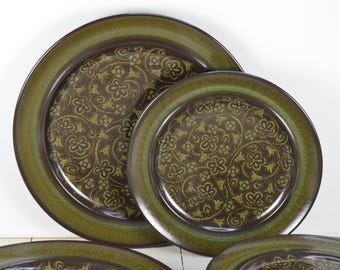 6 Pcs Franciscan MADEIRA Plates, 2) 10 3/8" Dinner, 4) 8.25" Salad, Dark Brown with Green Tan Flowers, Green Band, Franciscan Earthenware