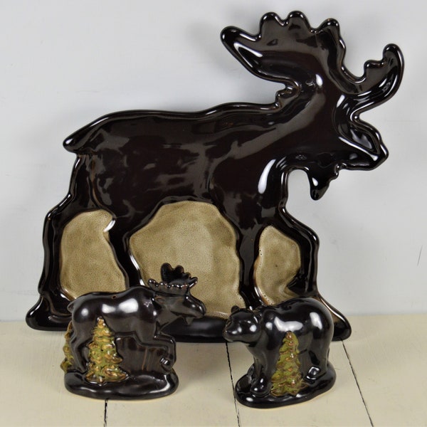 Homestudio WOODLAND Salt and Pepper Shaker Set with Moose Dish, Moose and Bear, Dark Brown, Candy Dish Plate, Outdoorsy Cabin