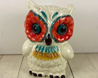 Reproduction Anthropologie Shawnee Owl Ceramic Figure 8.5", Cream with Coral Teal Eyes, Vintage Shawnee Look, Non-Winking Owl, Home Decor