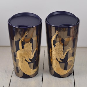 Set of 2 Starbucks GOLD SIREN 12 oz Tumblers, Purple with Gold Mermaid Design, Plastic Twist Close Lids, Double Wall Travel Tumbler, 6"