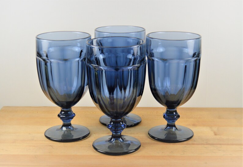 Set Of 6 Libbey Gibraltar Duratuff Dusky Blue 16 Oz Iced Tea Goblets Dark Glass Vintage Water Glasses Pedestal Panel