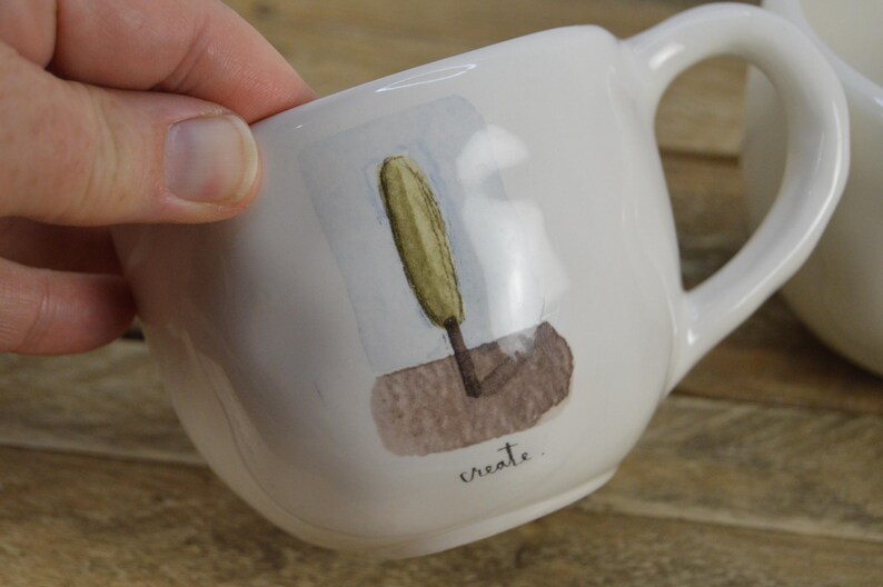 Set of 3 Rae Dunn for Pottery Barn TEA GARDEN 12 Oz Mugs, White With