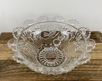 Hofbauer The BYRDES COLLECTION 10" Flared Bowl, Made in Germany, Sawtooth Petals on Rim with Raised Birds, Larger Etched Birds on Outside
