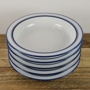 Set of 5 Dansk CHRISTIANSHAVN BLUE 8&quot; Shallow Soup Bowls, White with Blue Bands, Dansk Bistro NR Japan