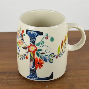 Anthropologie Starla M. Halfmann 12 oz Initial L Mug, White with Colorful Graphic Flowers Blue Initial L, Monogram image 1