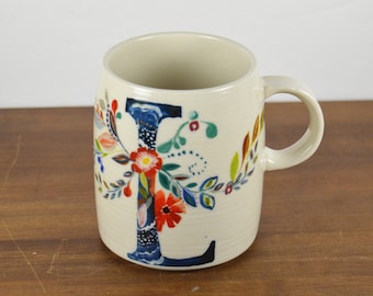 Anthropologie Starla M. Halfmann 12 oz Initial L Mug, White with Colorful Graphic Flowers Blue Initial L, Monogram