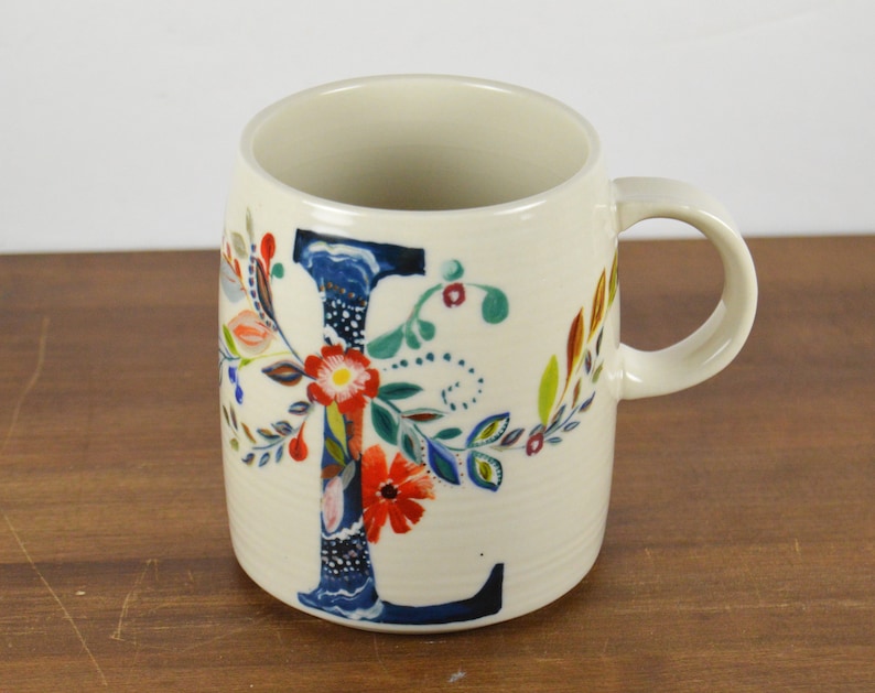 Anthropologie Starla M. Halfmann 12 oz Initial L Mug, White with Colorful Graphic Flowers Blue Initial L, Monogram image 1