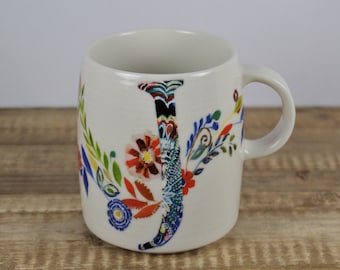 Anthropologie Starla M. Halfmann 12 oz Initial J Mug, White with Colorful Graphic Flowers Blue Initial J, Monogram, J Name