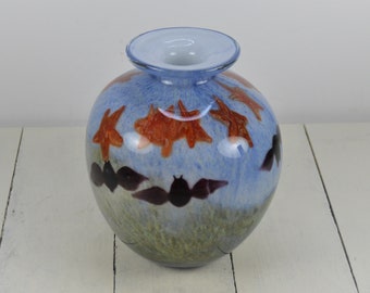 Cased Glass Vase with Bats and Stars 6.25", Art Glass, Blue Green White Inside, Black Bats, Orange Stars