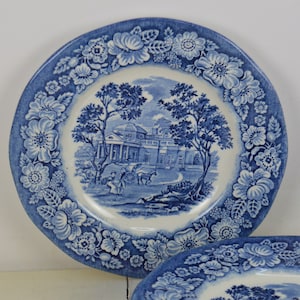 Set of 5 Staffordshire Ironstone LIBERTY BLUE 5 7/8&quot; Bread and Butter Plates, Monticello, Blue Transferware, Floral Rim, Made in England