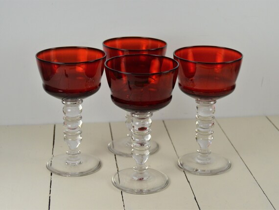 Set of 4 Bryce RUBY 6 oz Champagne Tall Sherbet Glasses, 5 7/8", Clear Bubble Stem Ruby Red Bowl, Dessert Glass